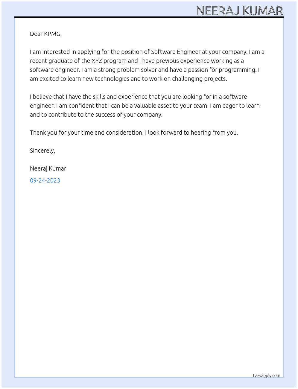 Software Enginer At KPMG Cover Letter