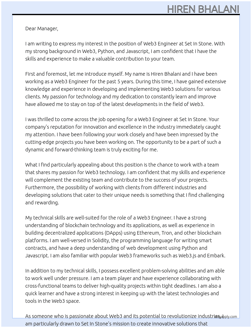 Web3 Enginer At Set In Stone Cover Letter