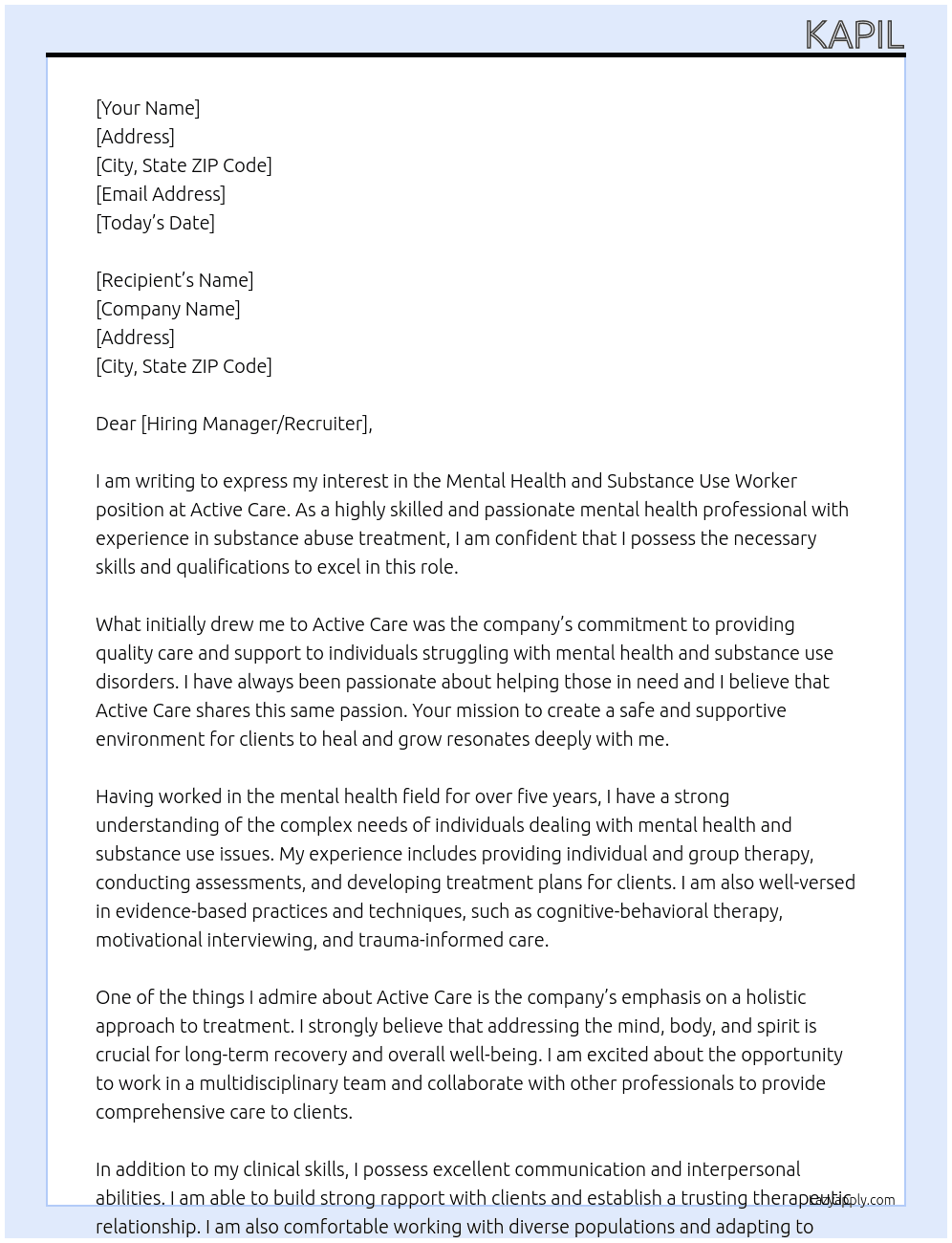 Mental Health and Substance Use Worker At Active care Cover Letter