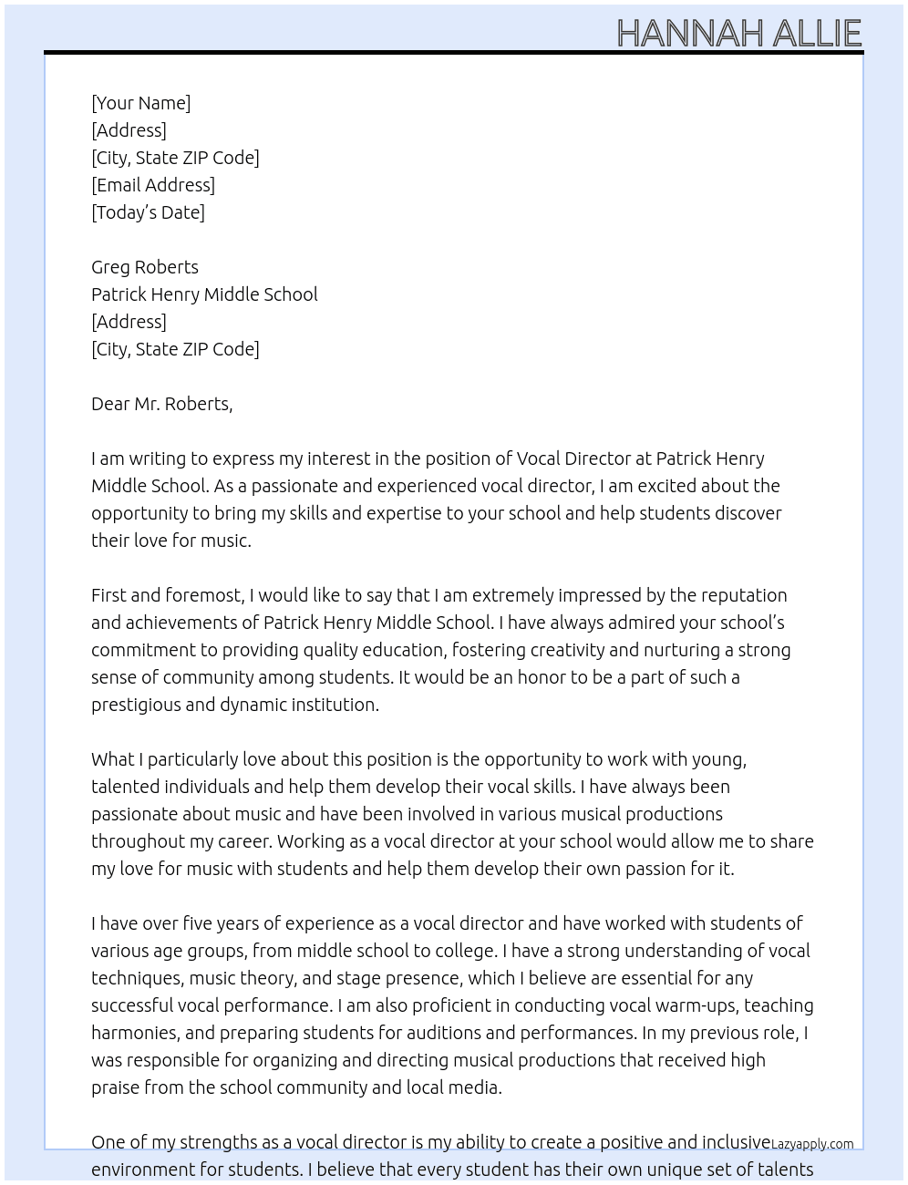 Vocal Director At Patrick Henry Middle School Cover Letter