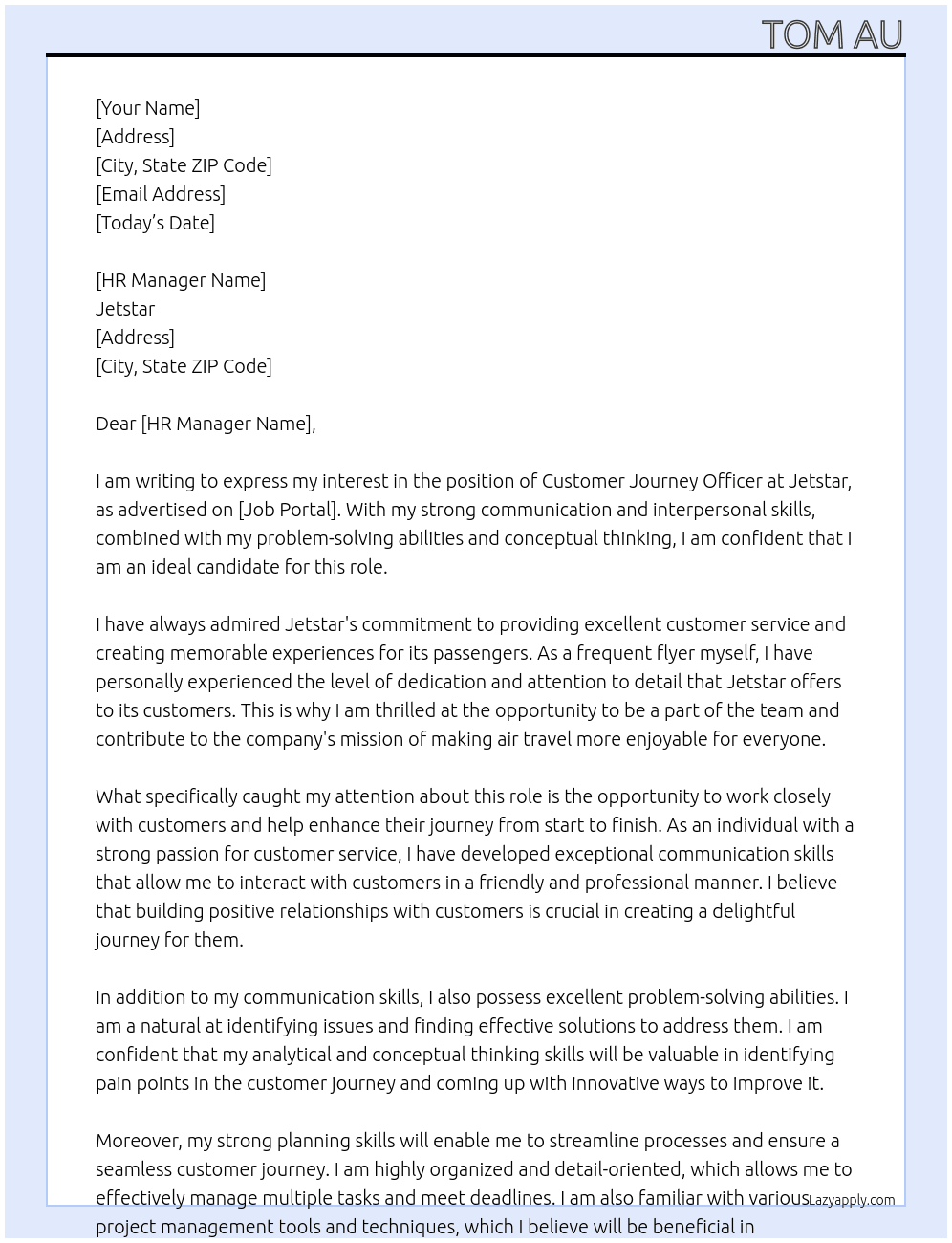 Customer Journey Officer At Jetstar Cover Letter
