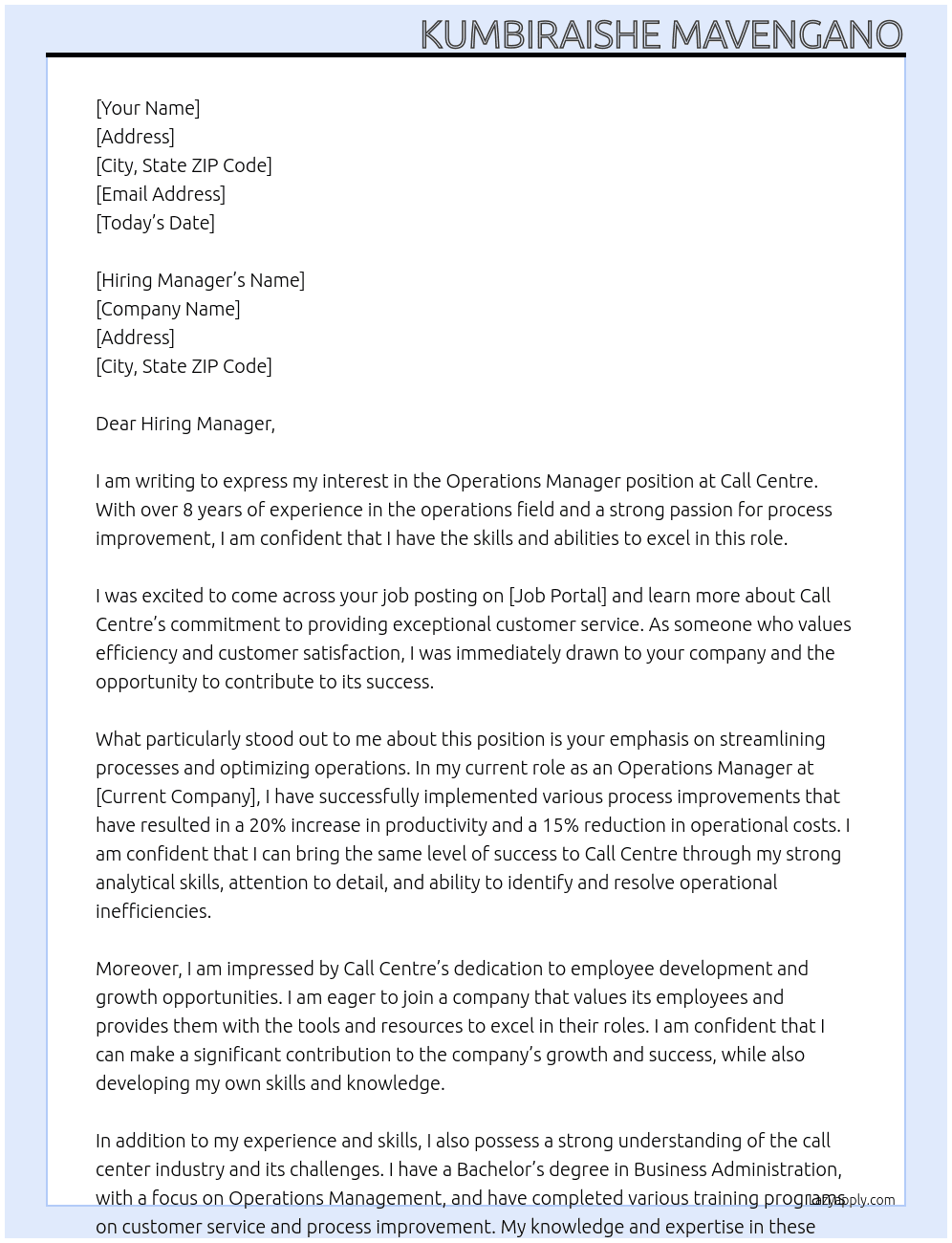 Operations Manager At Call Centre Cover Letter