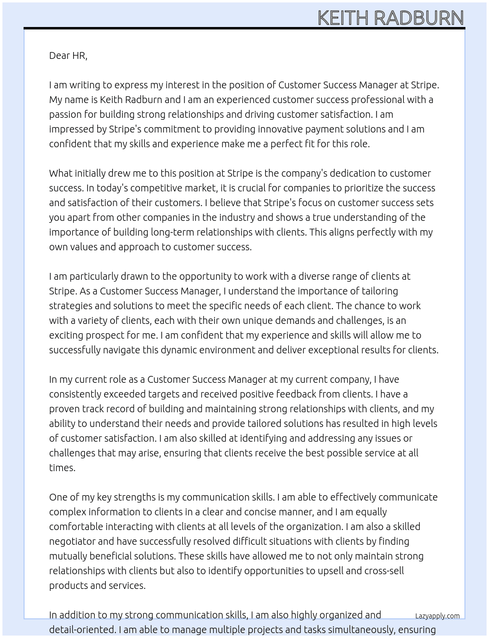 Customer Success Manager At Stripe Cover Letter
