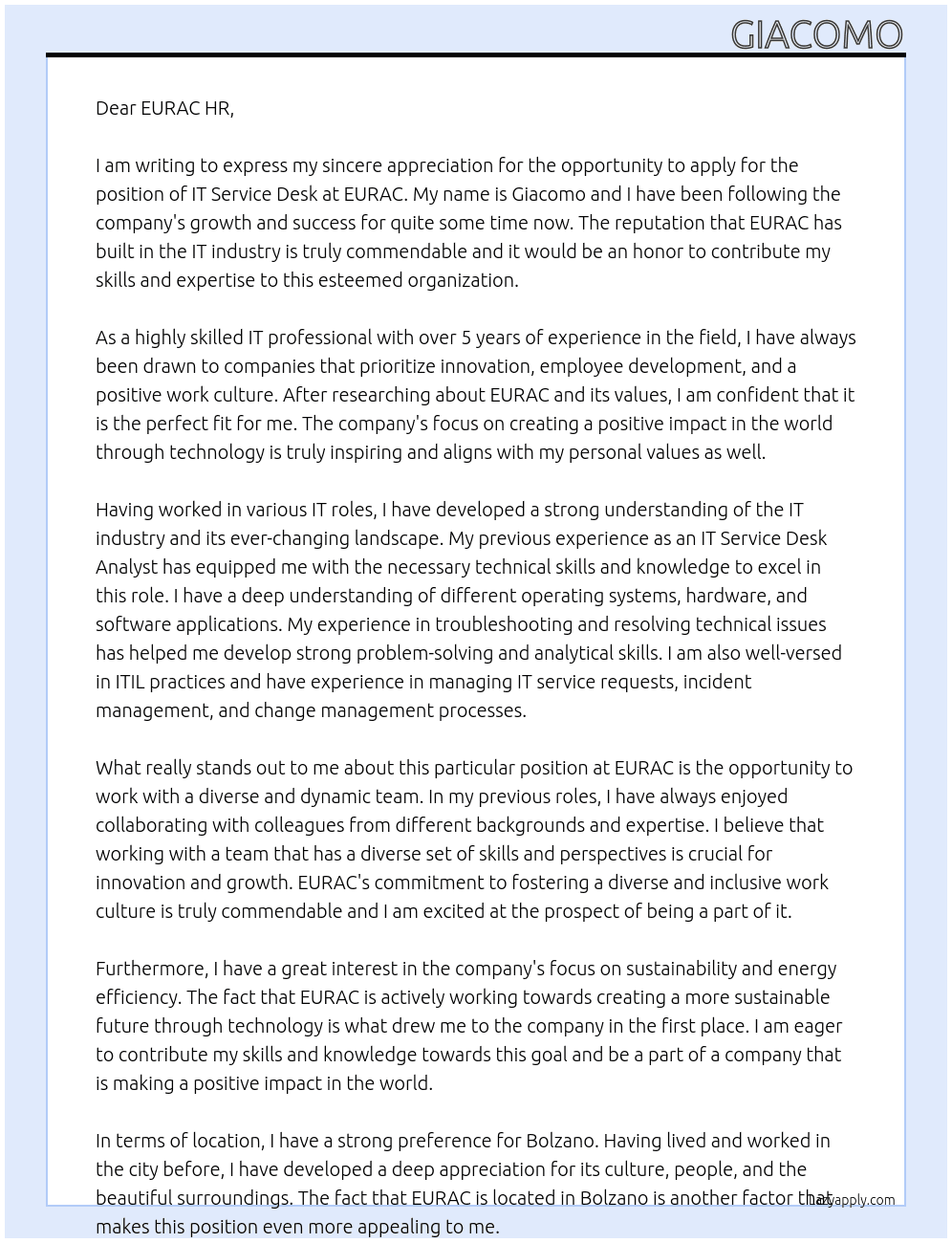 IT Service Desk At EURAC Cover Letter