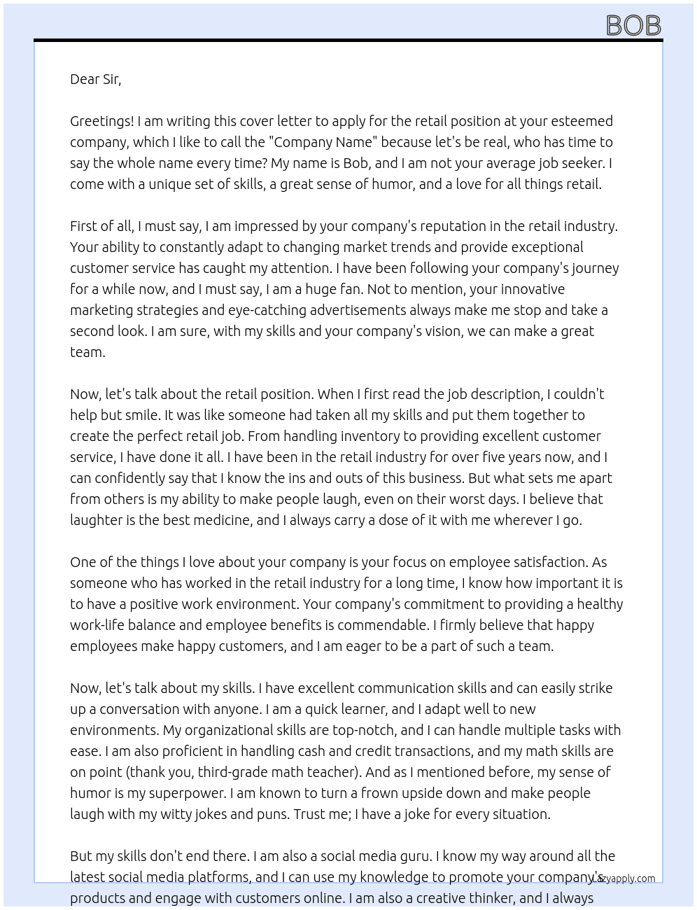 retail At company name Cover Letter