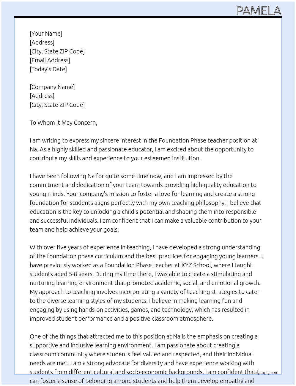 Foundation Phase teacher At Na Cover Letter