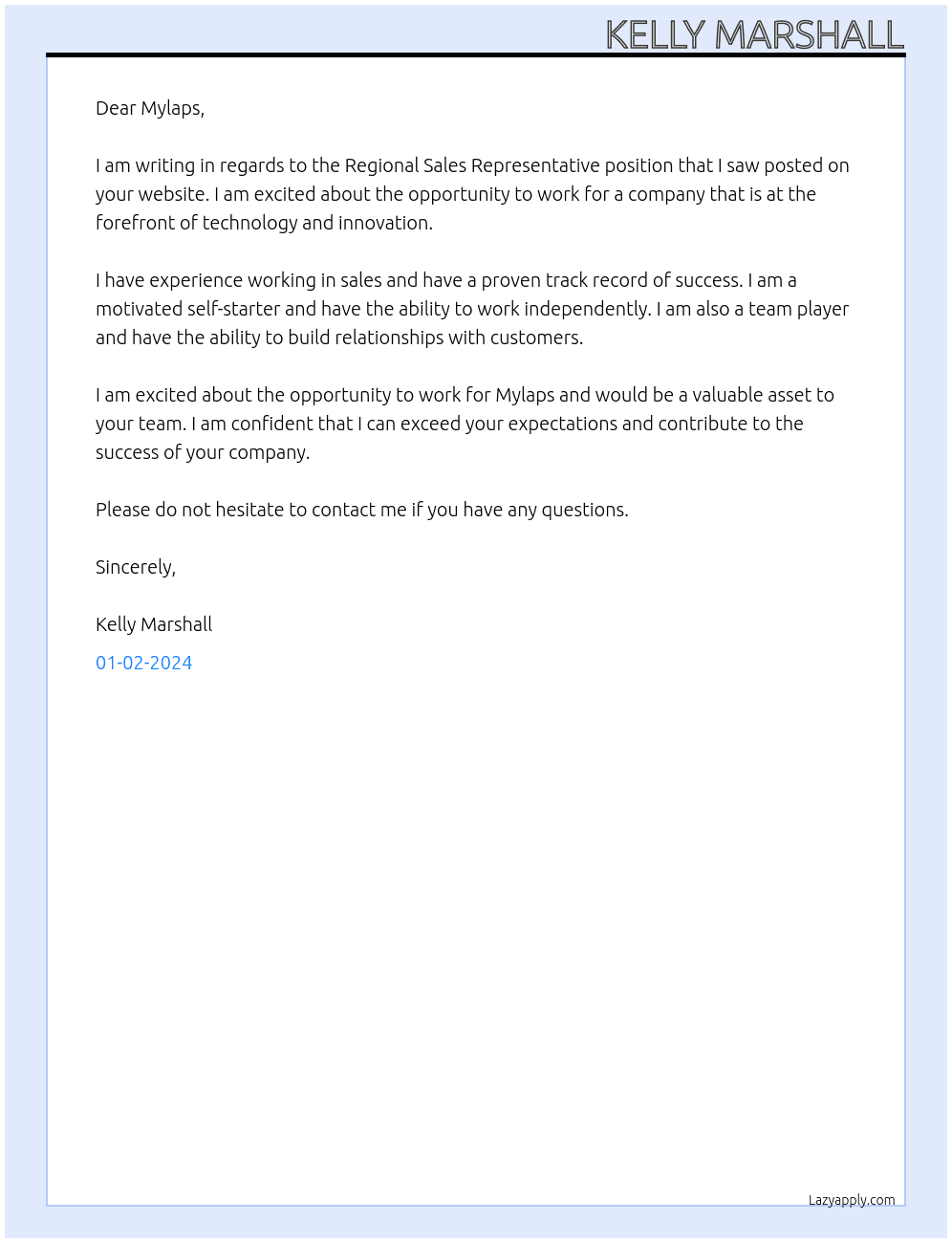 Regional Sales Representative At Mylaps Cover Letter