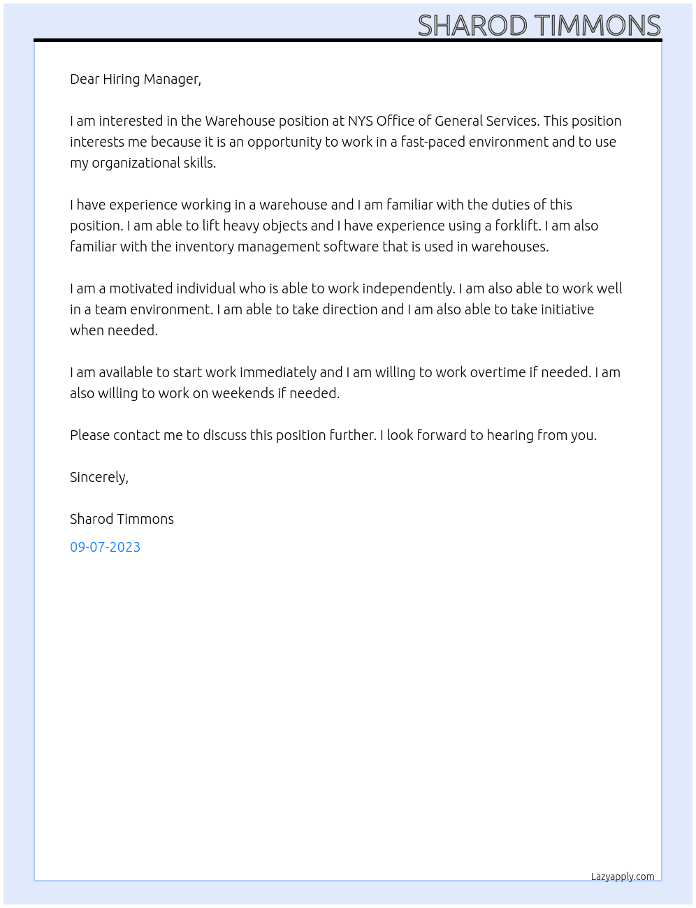 Warehouse At NYS Office of General Services Cover Letter