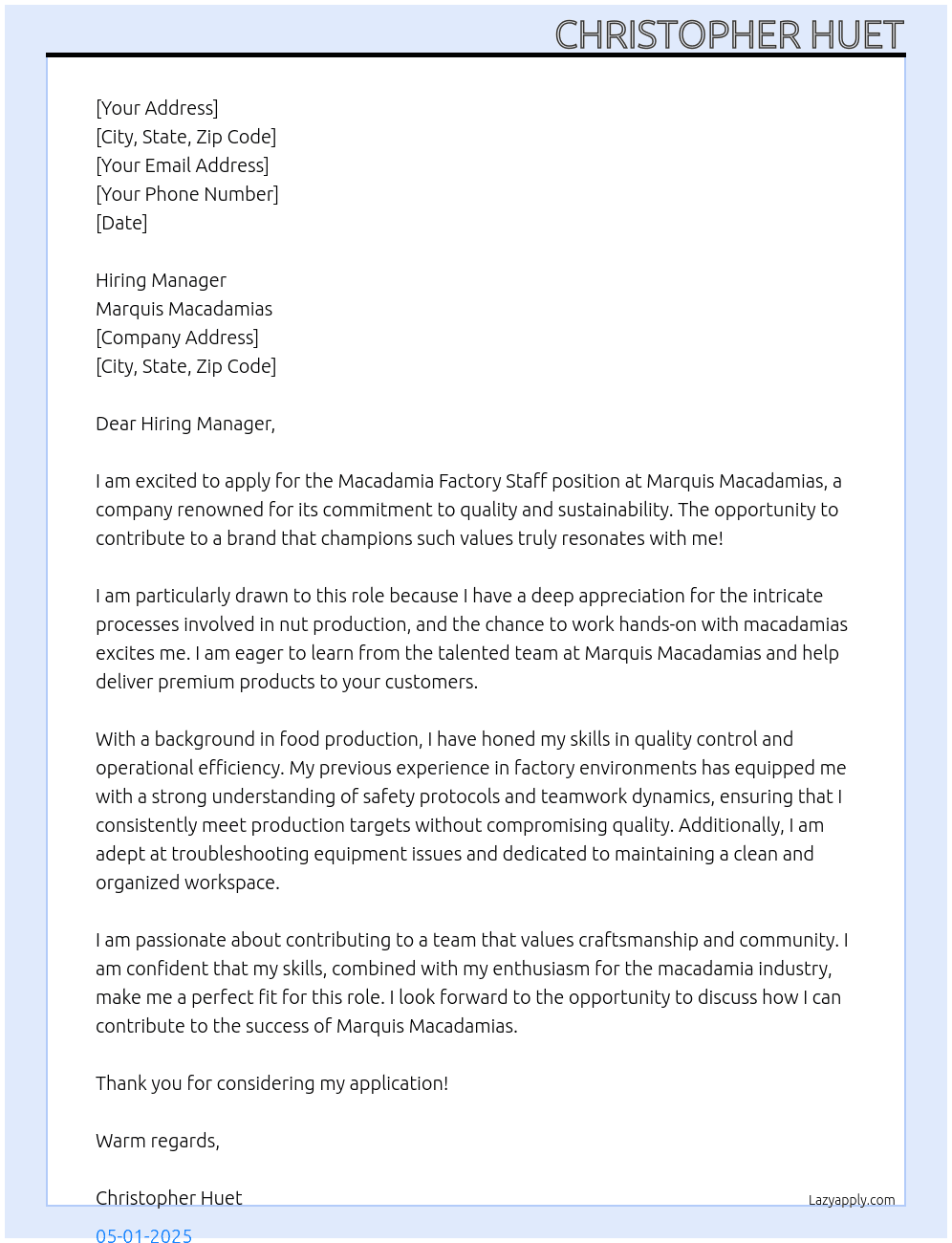 Macadamia Factory Staff At Marquis Macadamias Cover Letter