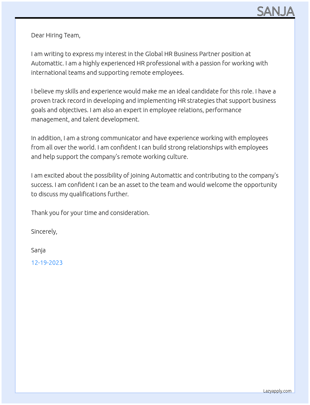 Global HR Business Partner At Automattic Cover Letter