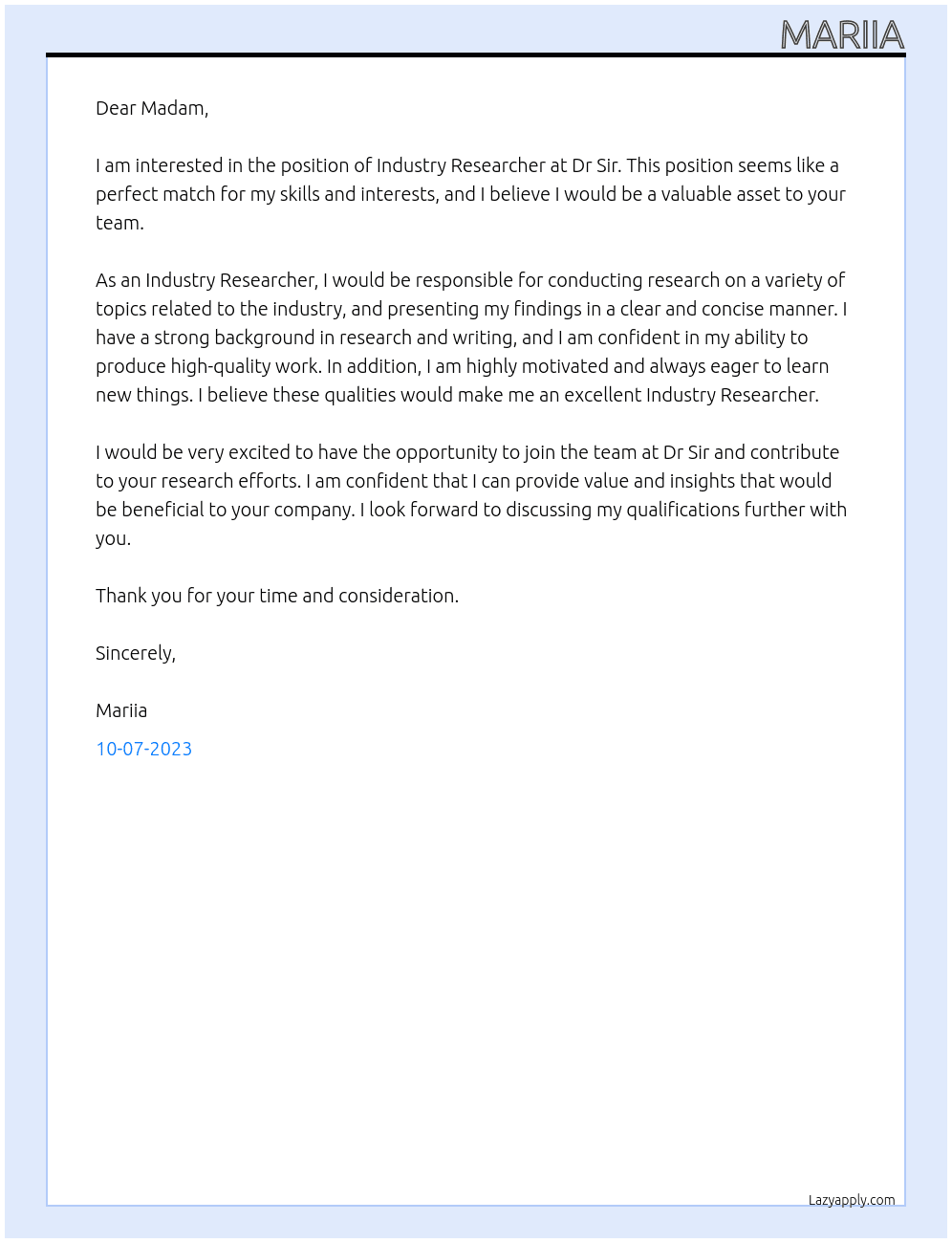 Industry Researcher At Dr Sir Cover Letter