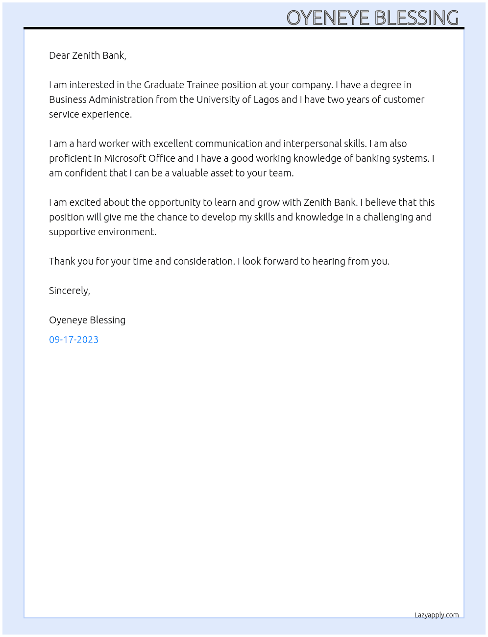 Graduate Trainee  At Customer service representative  Cover Letter