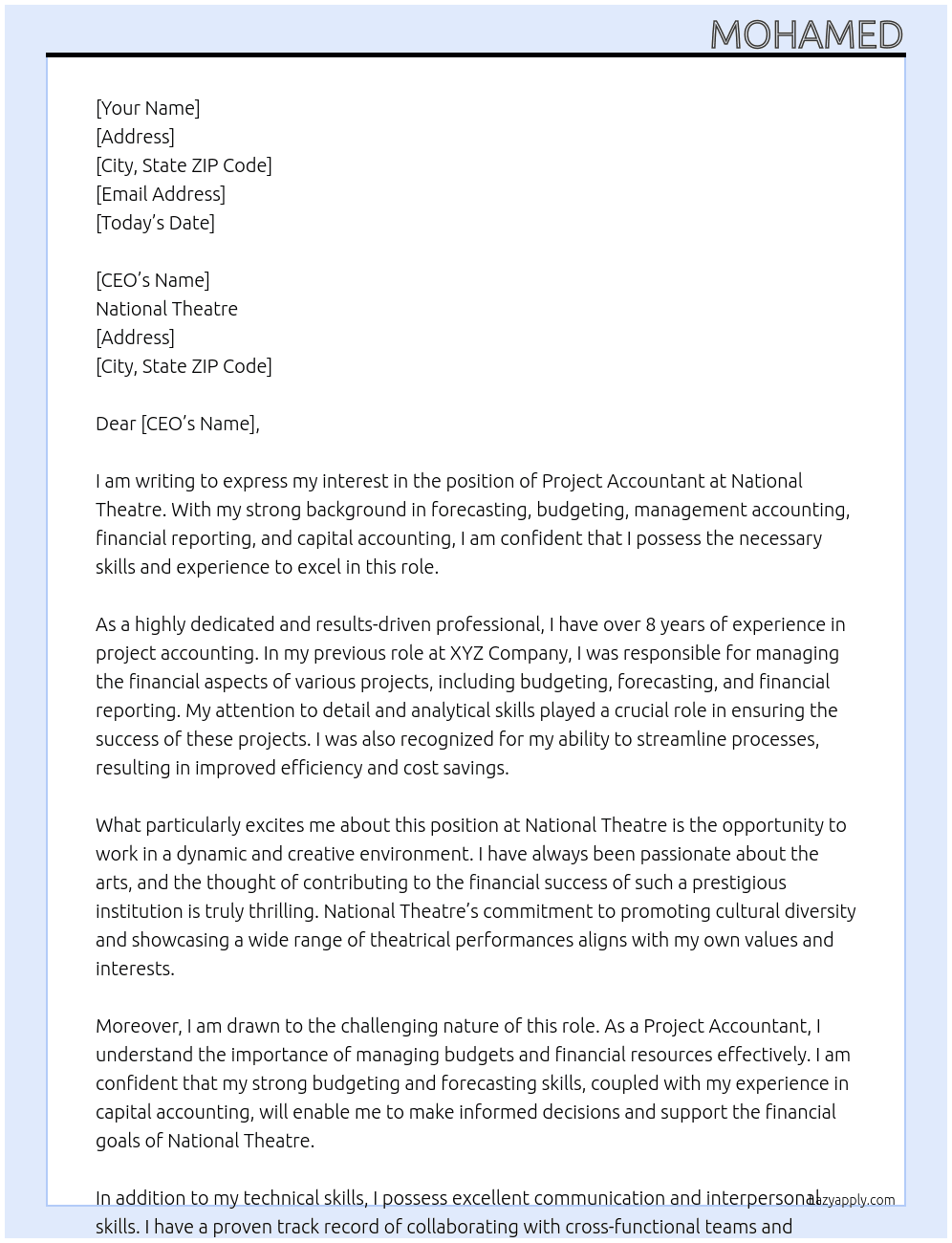 Project Accountant At National Theatre Cover Letter