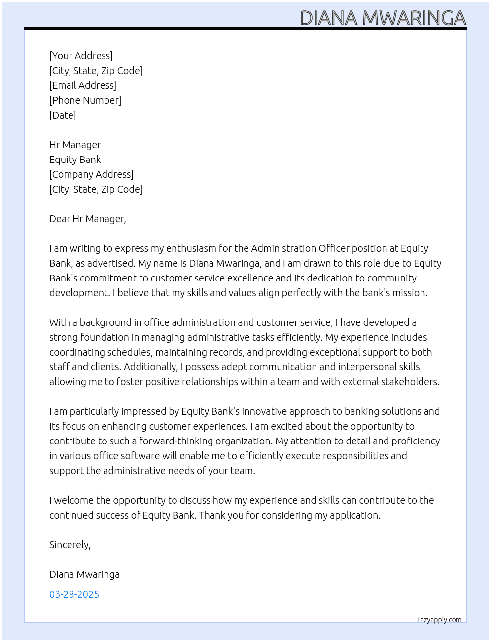 Administration Officer At Equity Bank Cover Letter