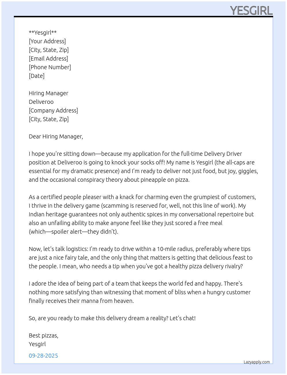Delivery driver At Deliveroo Cover Letter