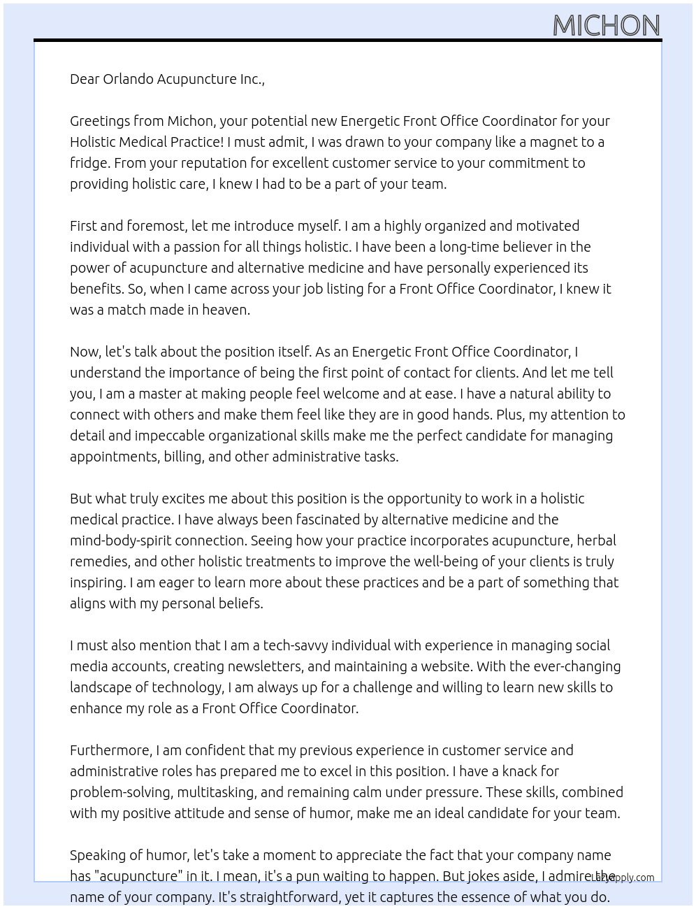 Energetic Front Office Coordinator for Holistic Medical Practice At Orlando Acupuncture Inc. Cover Letter