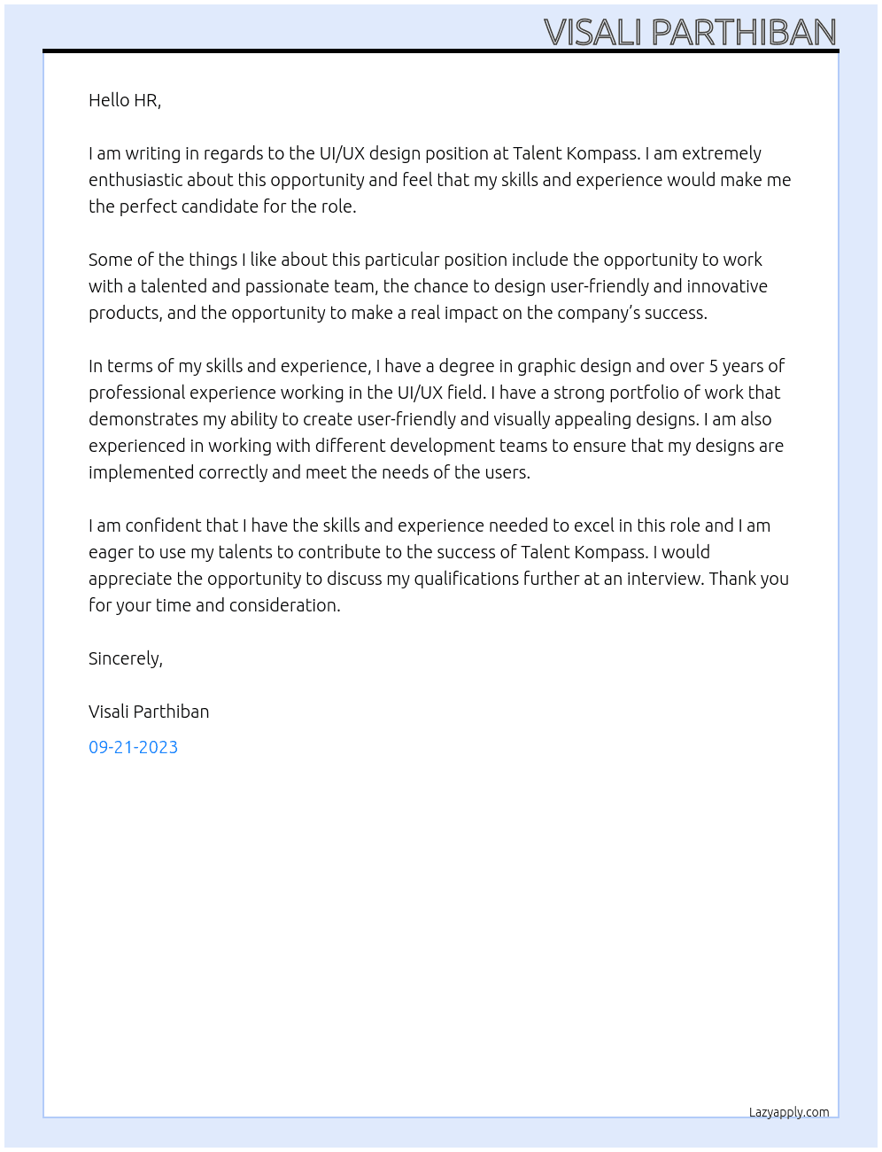 ui/ux design At talent kompass Cover Letter