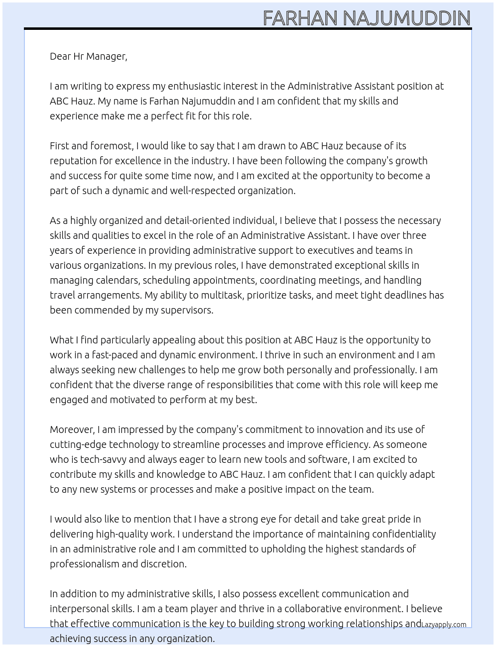Administrative assistant  At ABC Hauz Cover Letter
