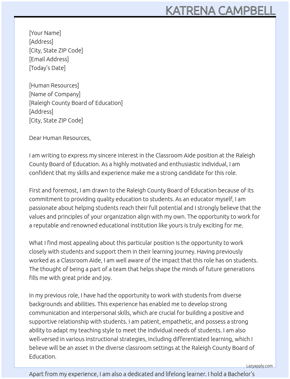 Classroom Aide At Raleigh County Board of Education  Cover Letter