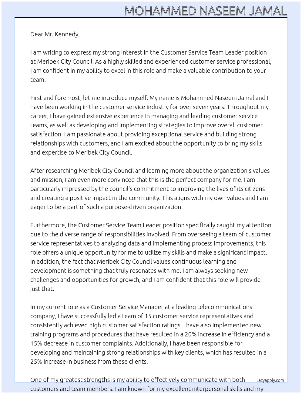 Customer Service Team Leader At Meribek City Council Cover Letter