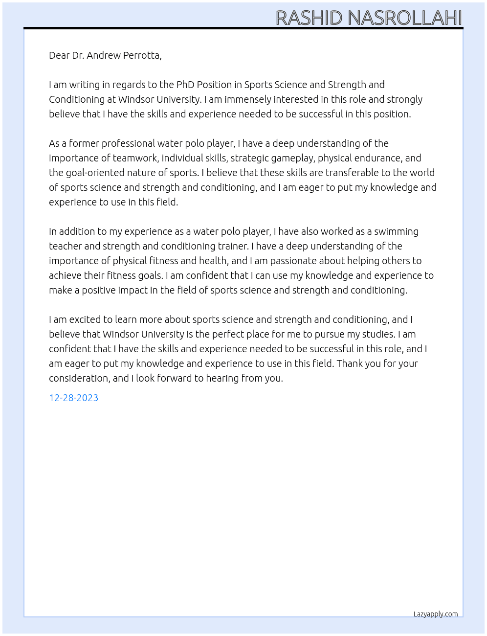 PhD Position in Sports Science and Strength and Conditioning At Windsor University Cover Letter