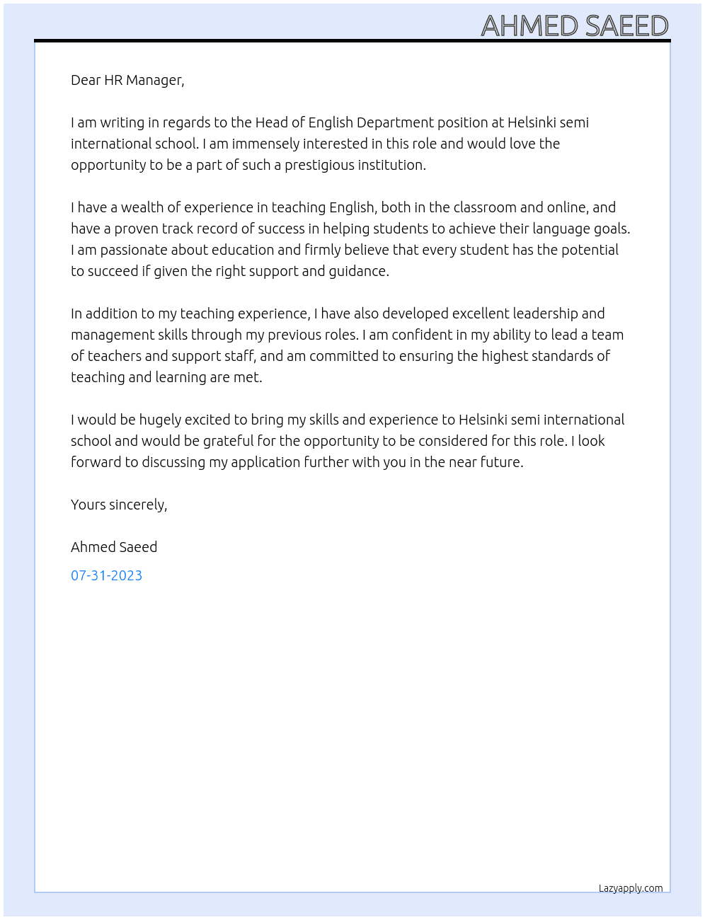 Head of English Department At Helsinki semi international school Cover Letter