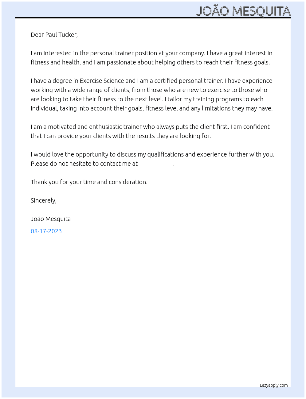 Personal Trainer At Paul Tucker Personal Training  Cover Letter