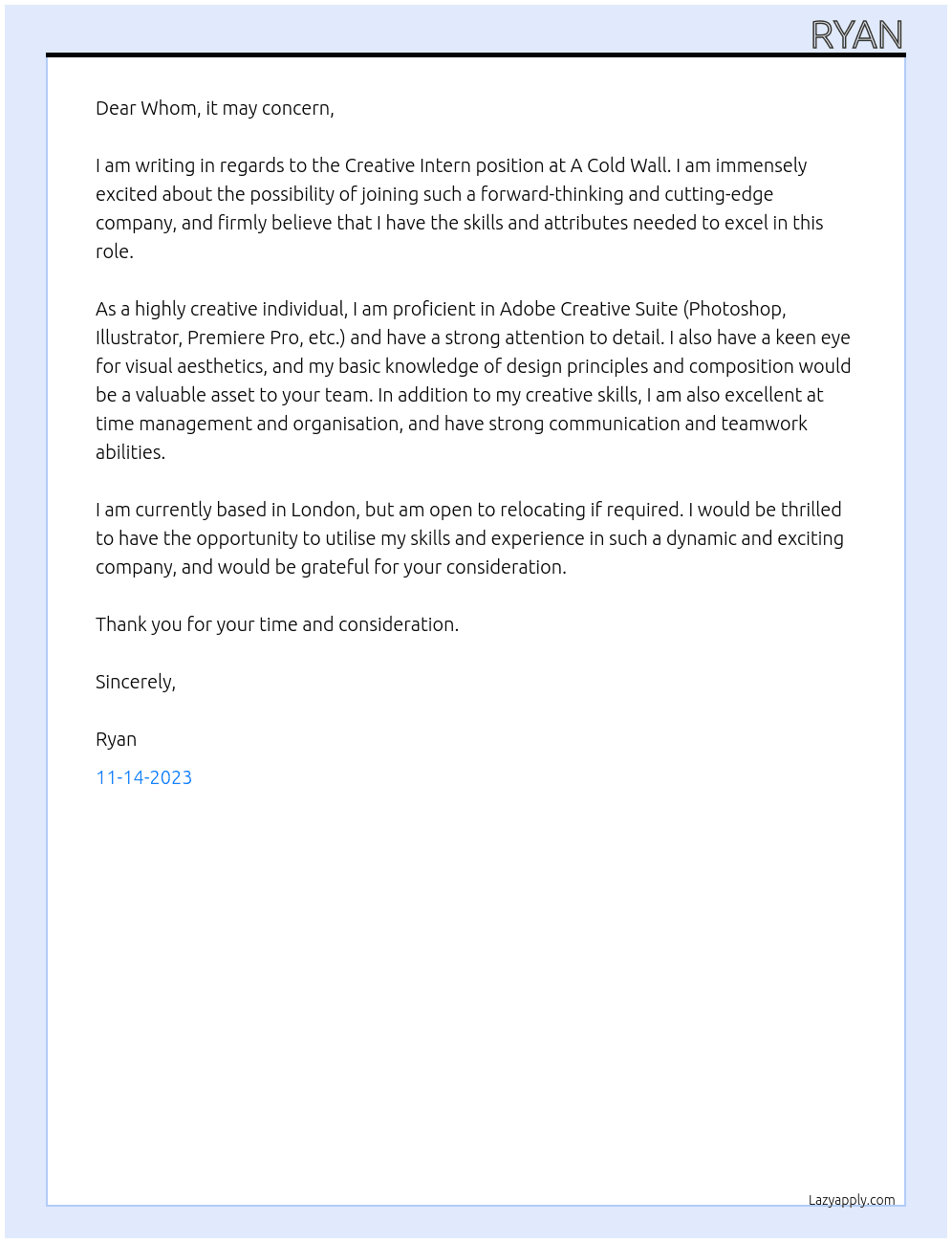 Creative Intern At A Cold Wall Cover Letter