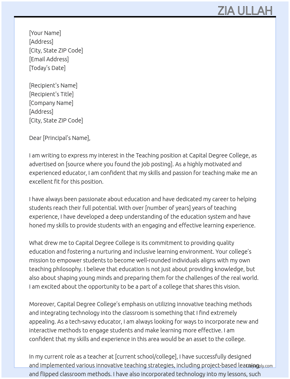Teaching At Capital degree college  Cover Letter