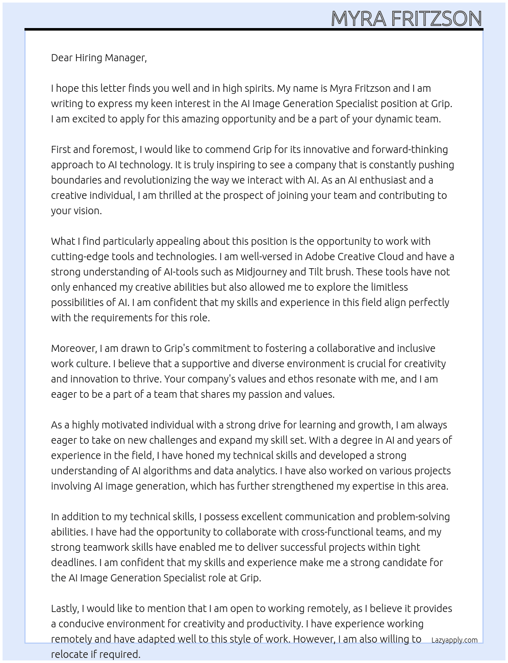 AI Image Generation Specialist At Grip Cover Letter