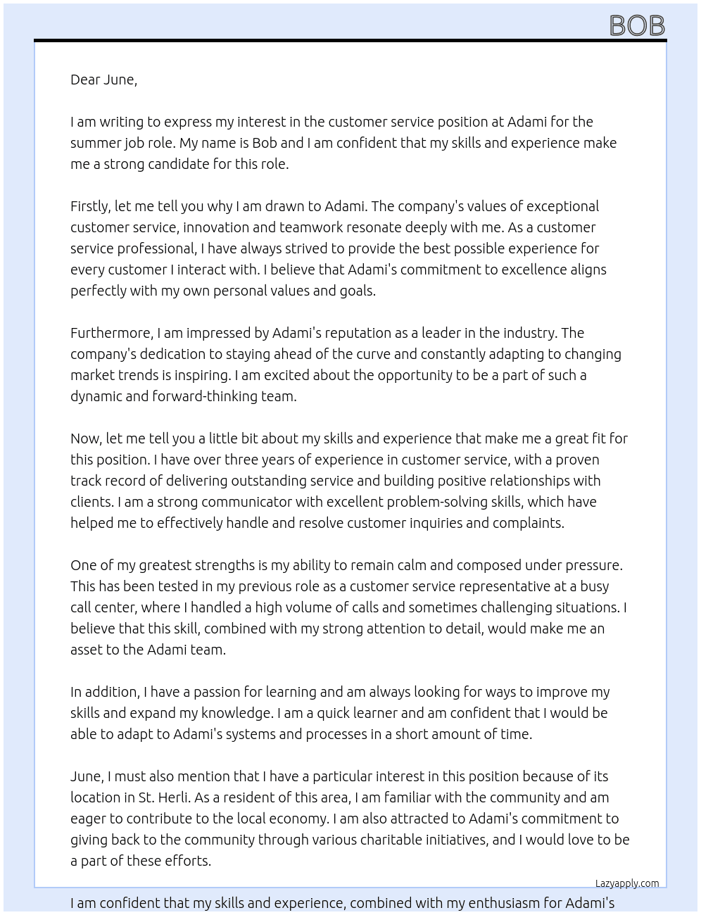 customer service At adami Cover Letter
