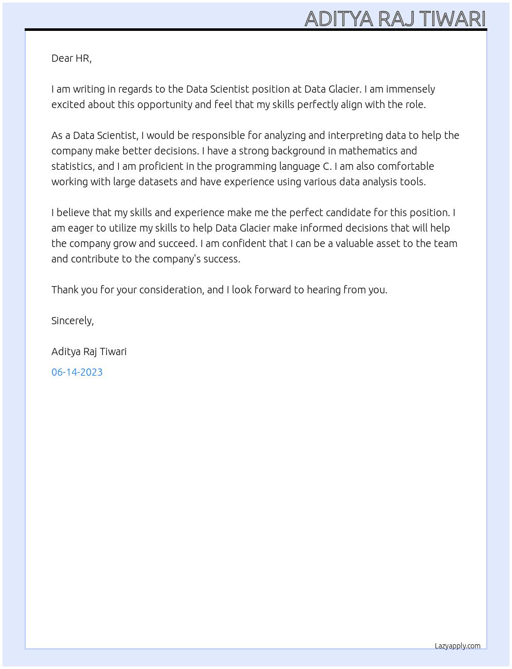 Data Scientist At Data Glacier Cover Letter