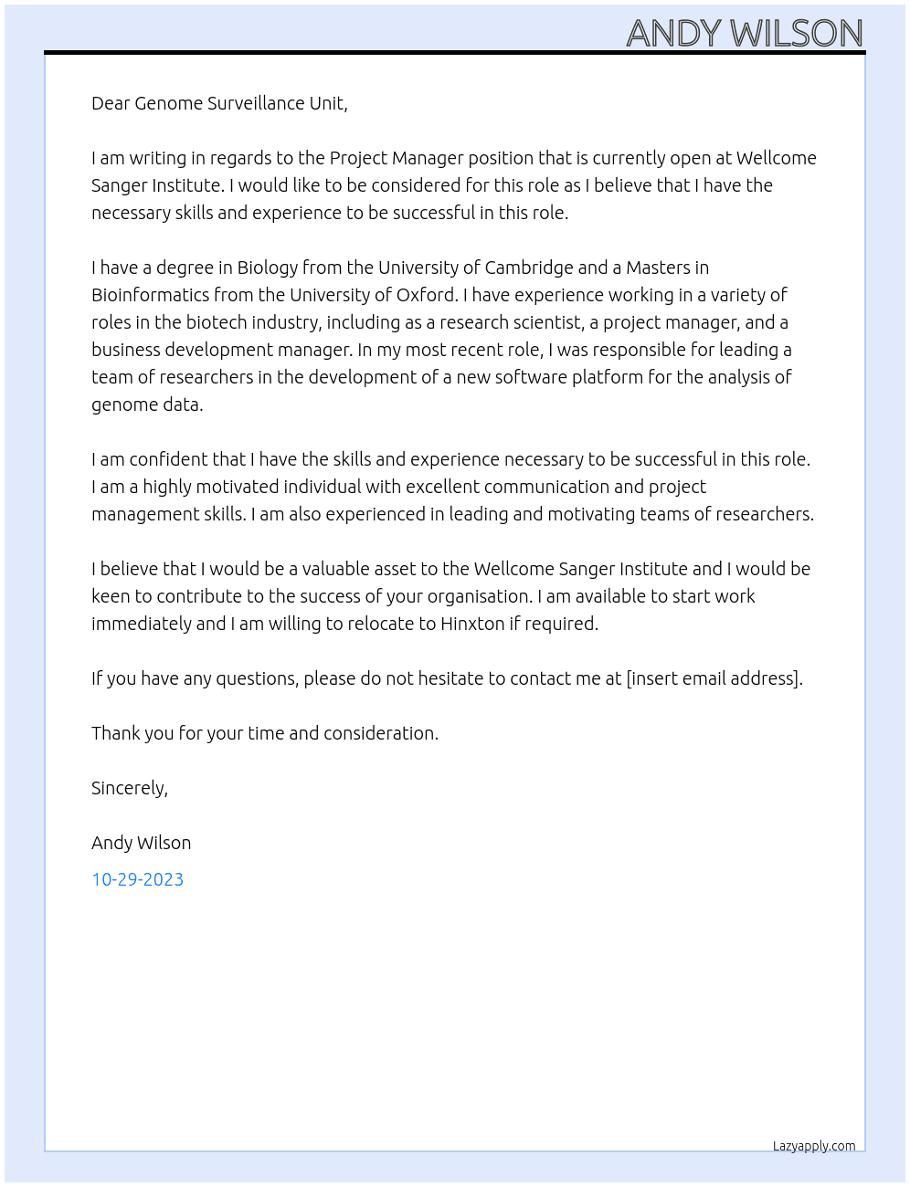 Project Manager At Wellcome Sanger Institute Cover Letter