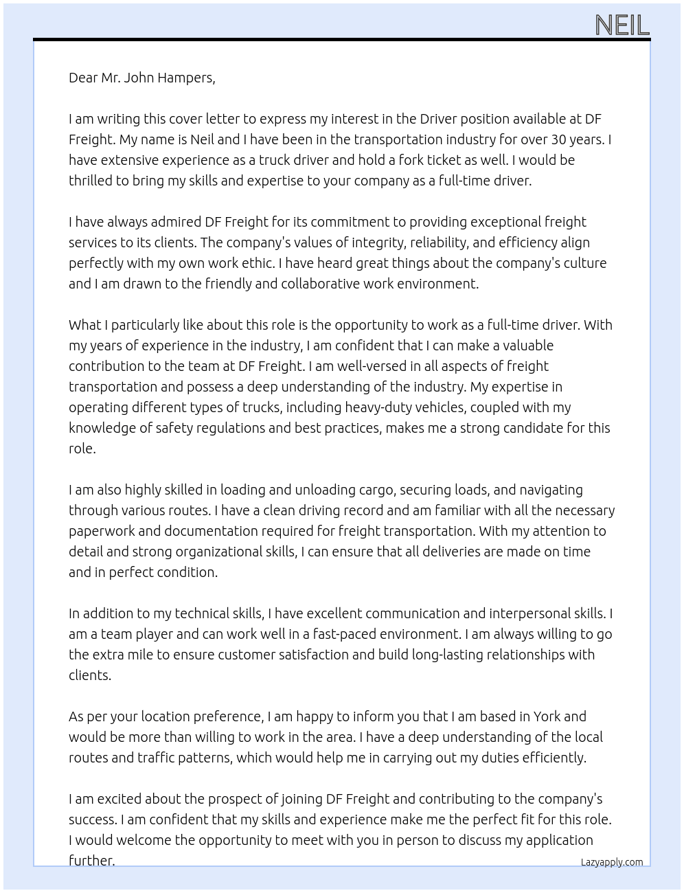 Driver At DF Freight Cover Letter