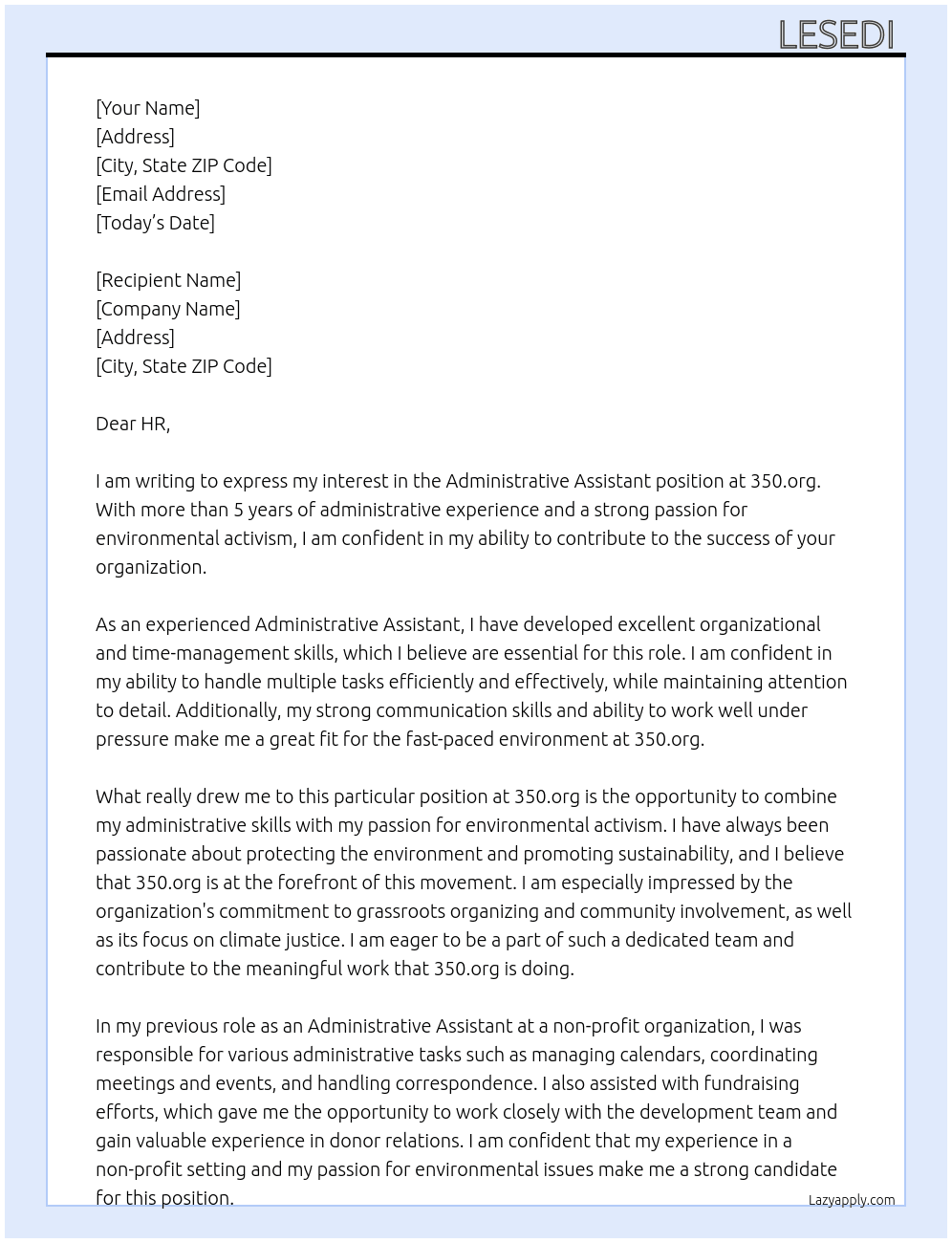 Administrative Assistant  At 350.org Cover Letter