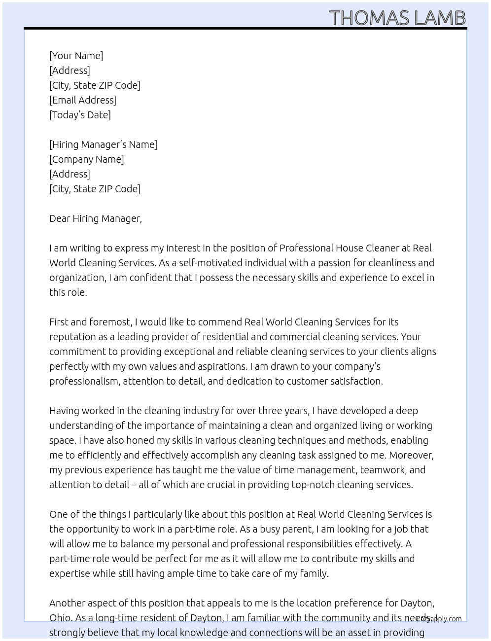 Professional House Cleaner At Real World Cleaning Services Cover Letter