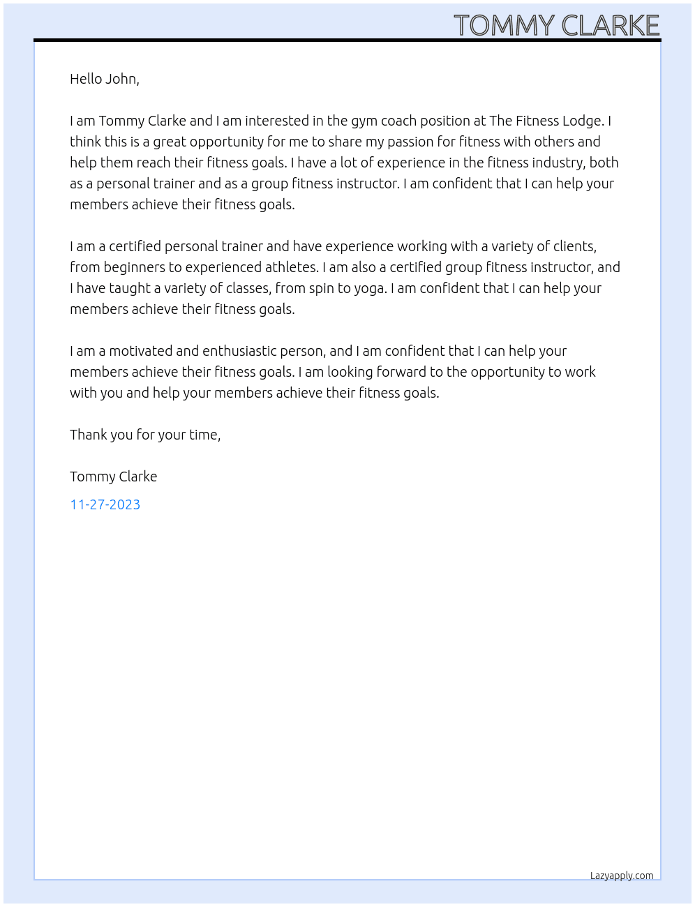 gym coach At The fitness lodge Cover Letter