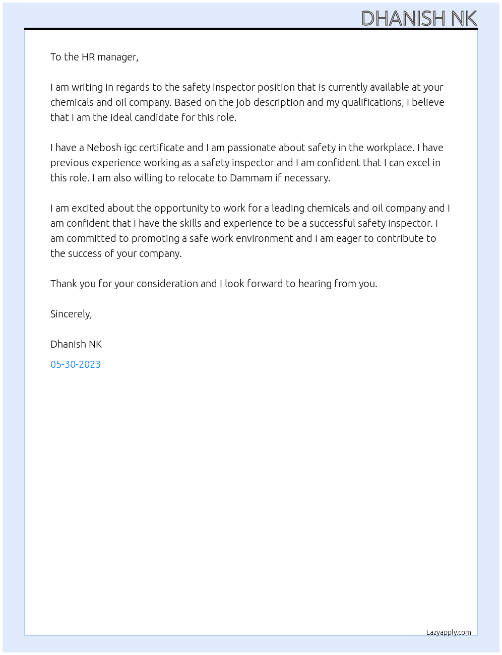 Safety inspector  At Chemicals and oil company  Cover Letter