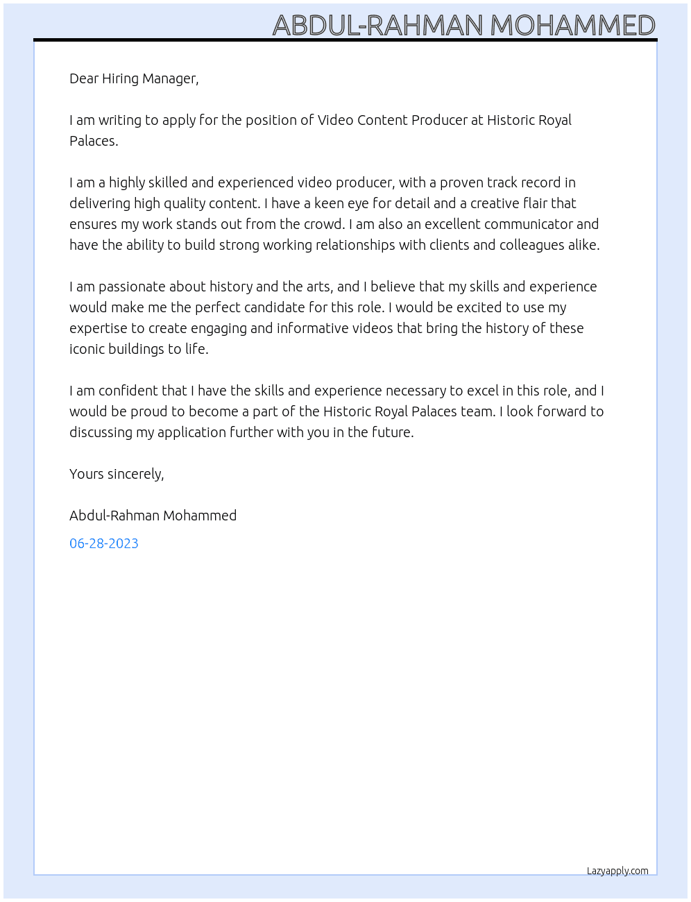 Video Content Producer At Historic Royal Palaces Cover Letter