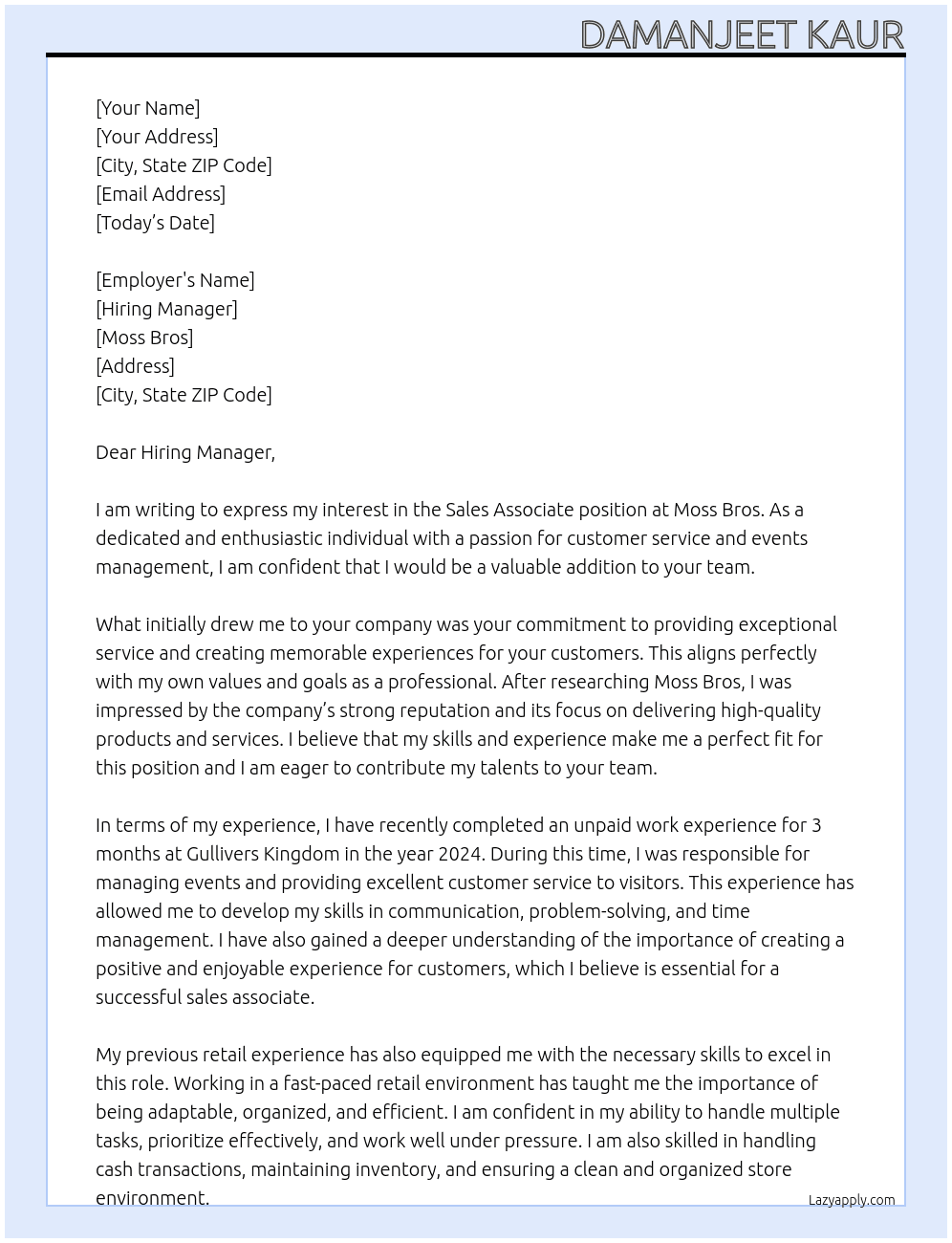 Sales associate  At Moss Bros Cover Letter