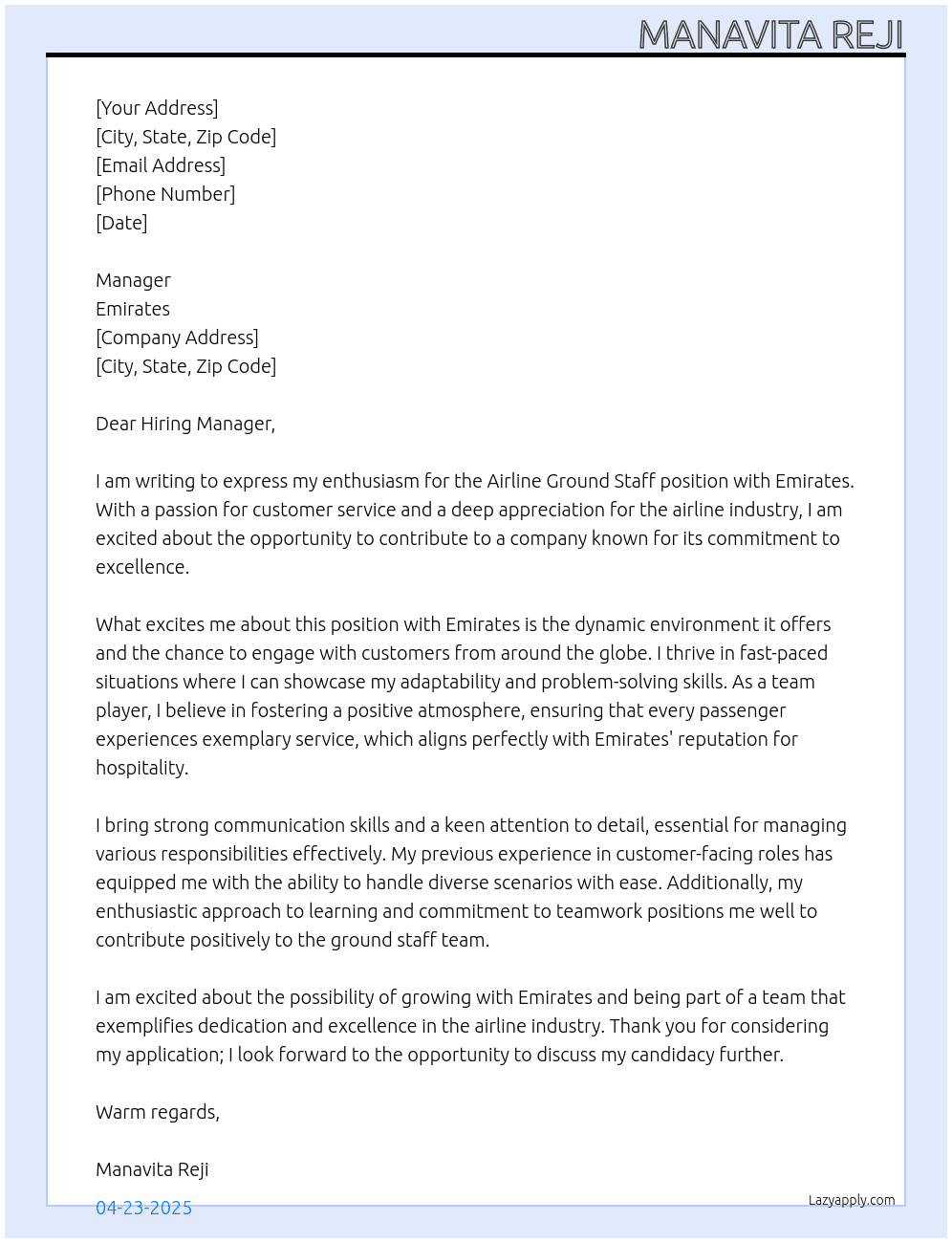 airline grundstaff At Emitates Cover Letter