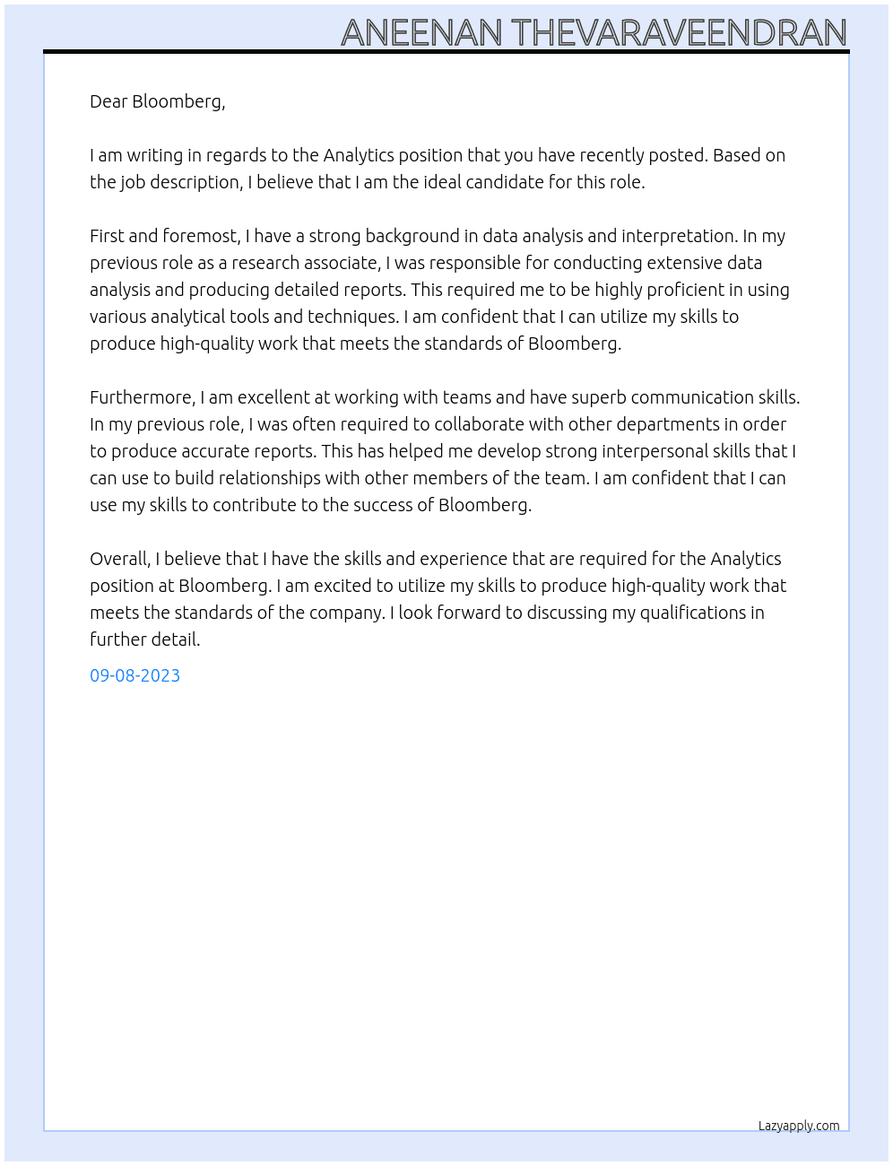 Analytics At Bloomberg Cover Letter