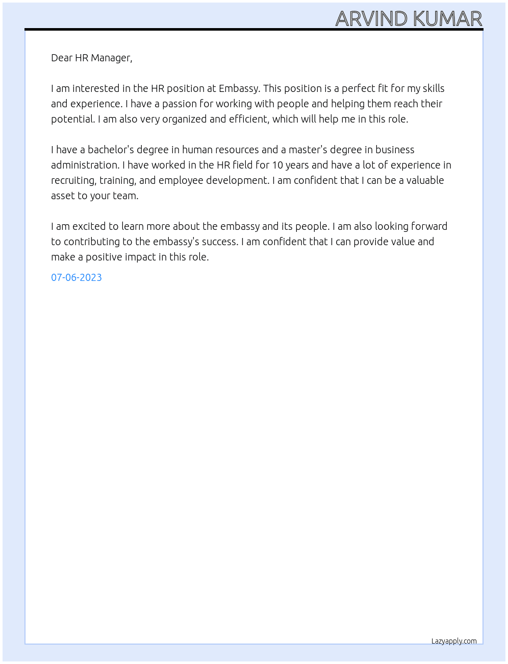 HR At Embassy Cover Letter