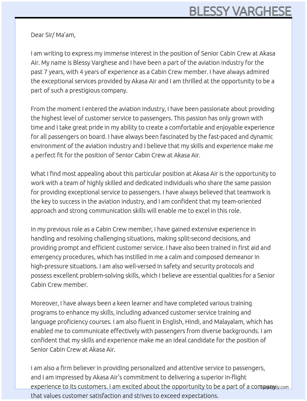 Senior Cabin Crew  At Akasa Air Cover Letter