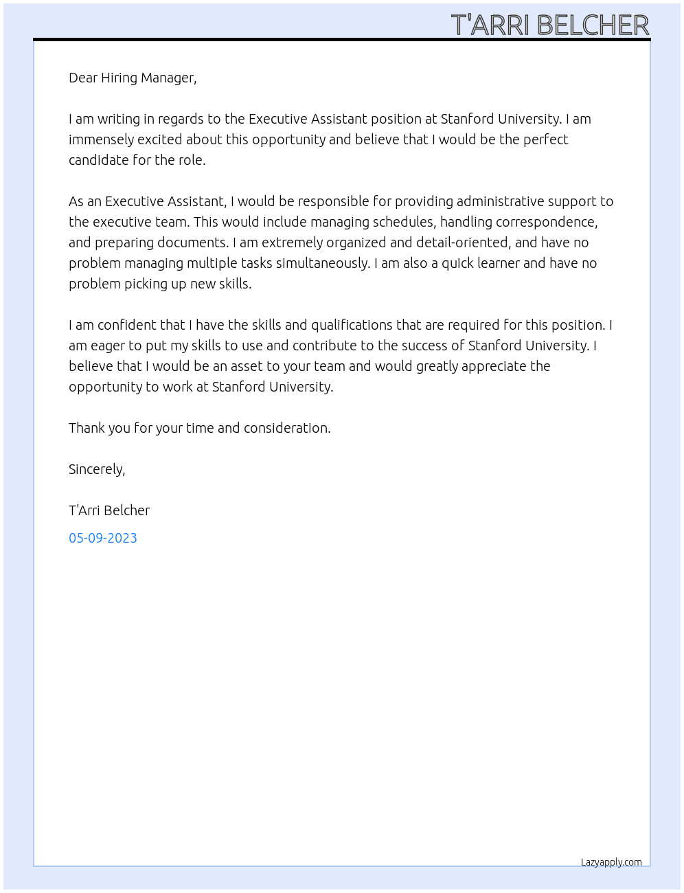 Executive Assistant At Stanford University Cover Letter