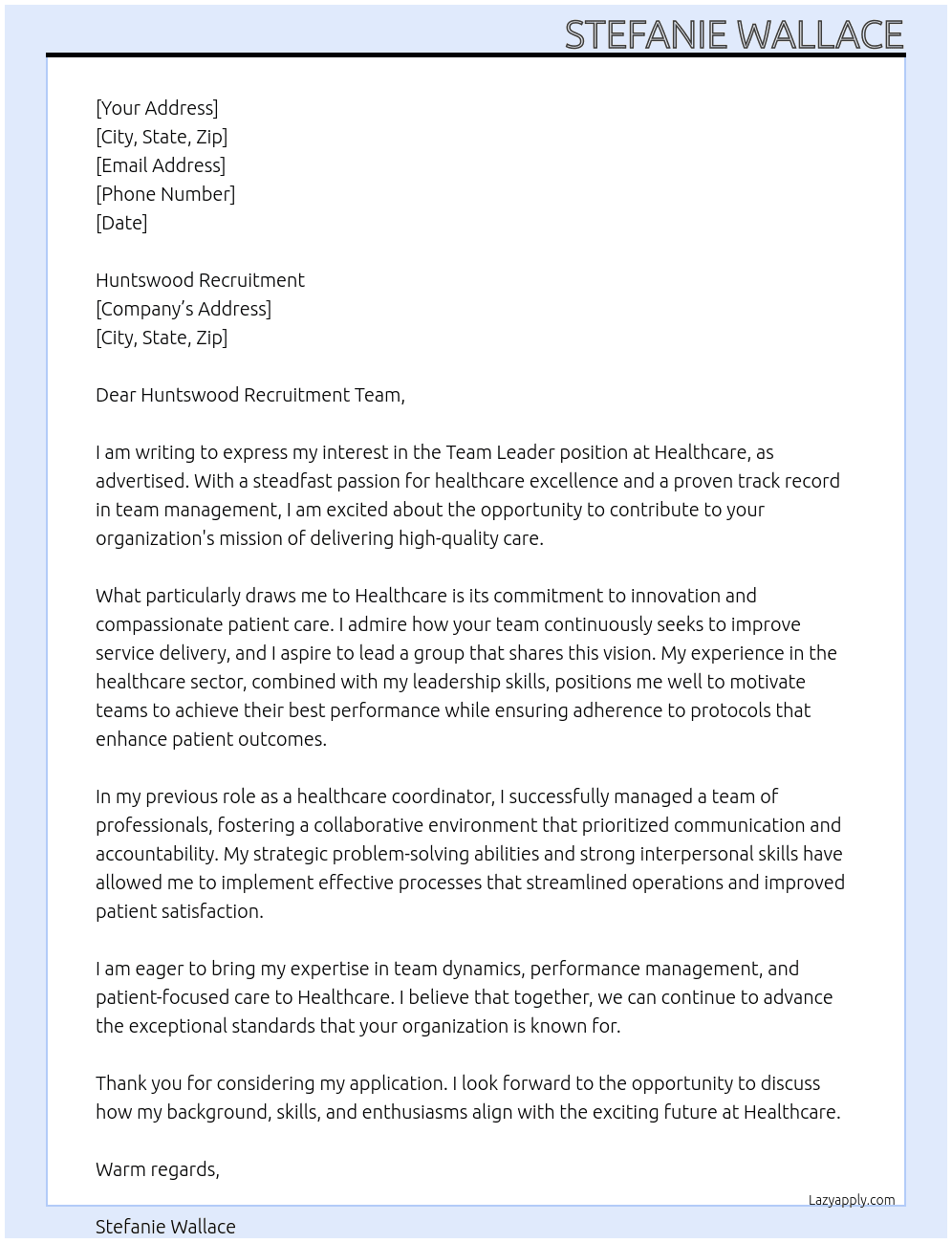 team Leader healthcare At Healthcare Cover Letter