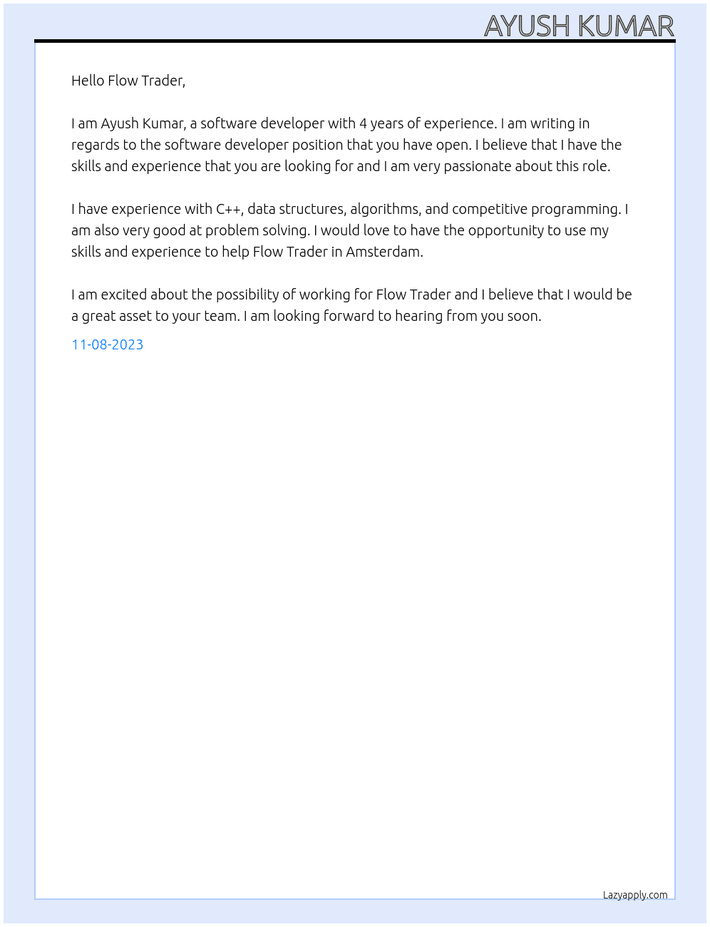 Software Developer At Flow Trader Cover Letter