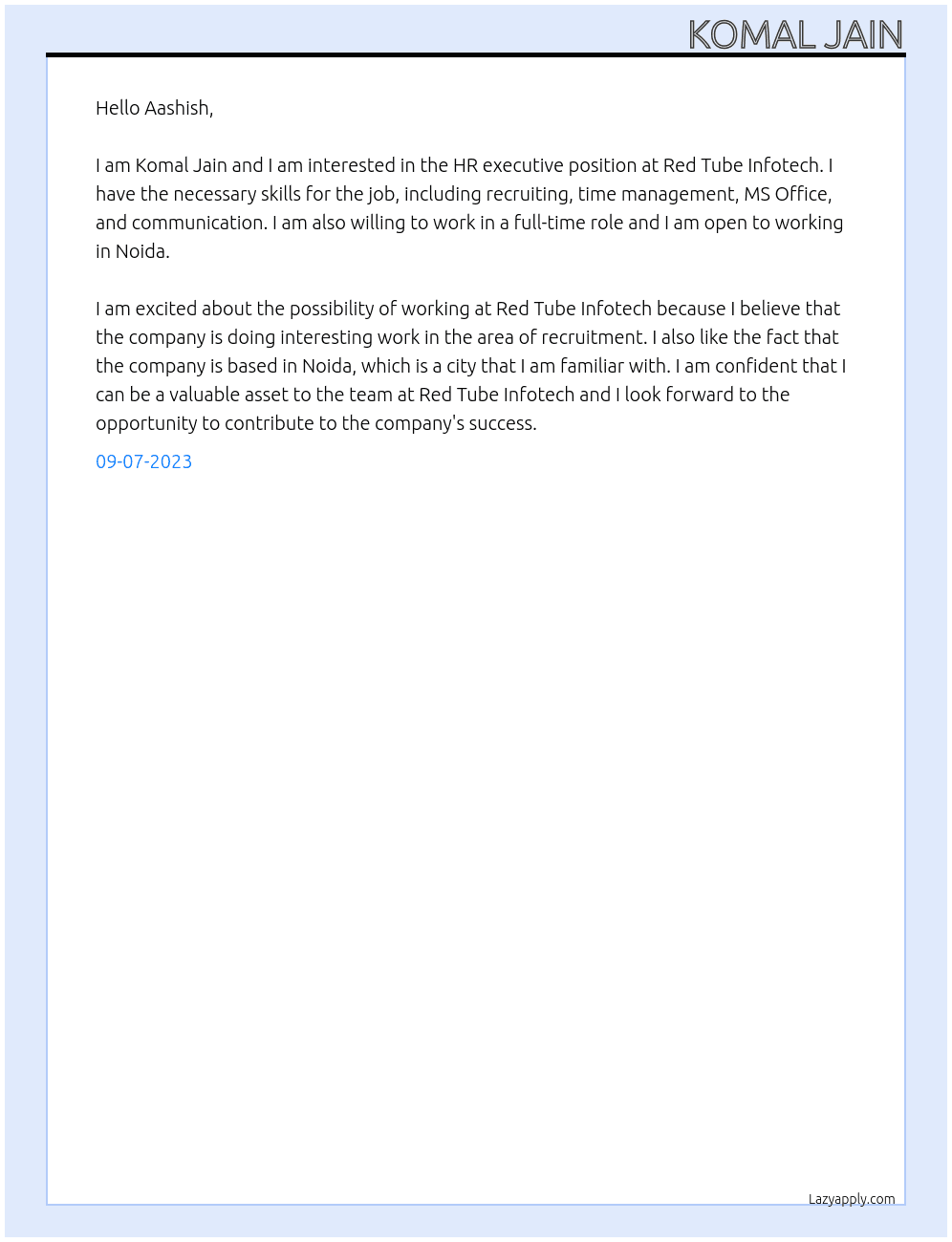 Hr executive At Red tube infotech Cover Letter