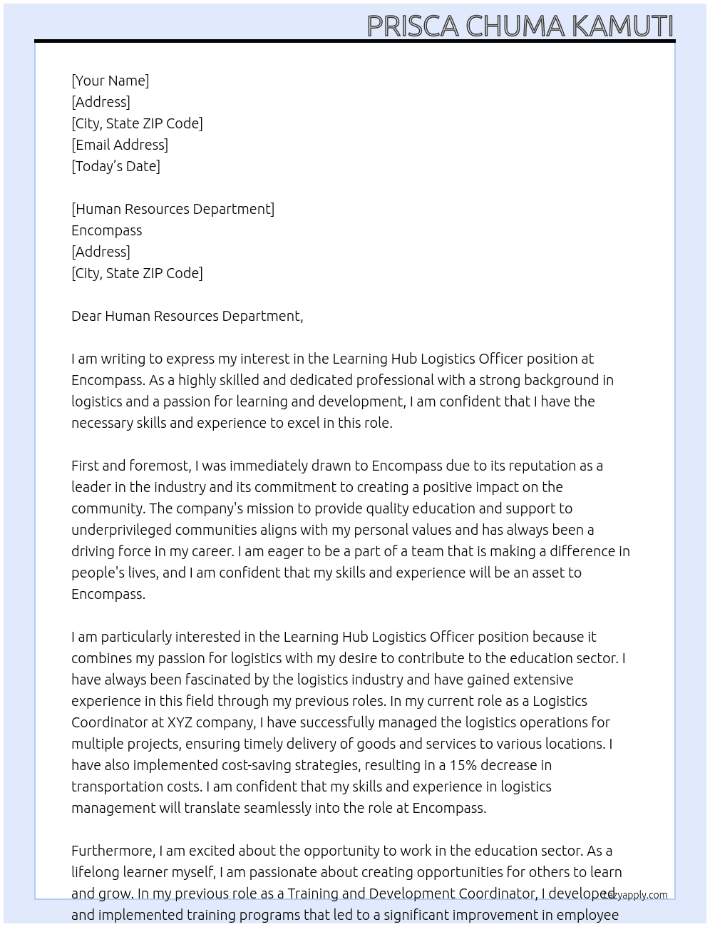 learning hub logistics officer At Encompass Cover Letter
