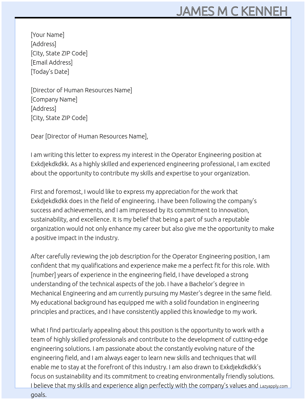 Operator Engineering  At Exkdjekdkdkk Cover Letter